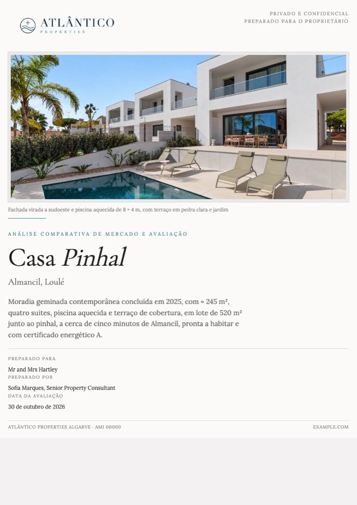 Capa de um relatório de avaliação de exemplo para uma moradia fictícia, a Casa Pinhal, da agência fictícia Atlântico Properties